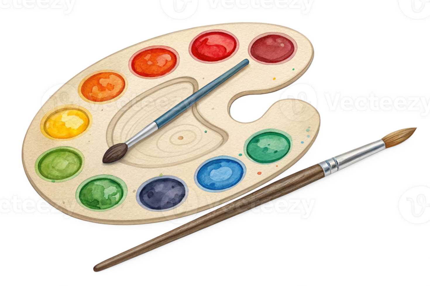 Artists Wooden Palette with Paintbrush and Colorful Watercolor Paints png
