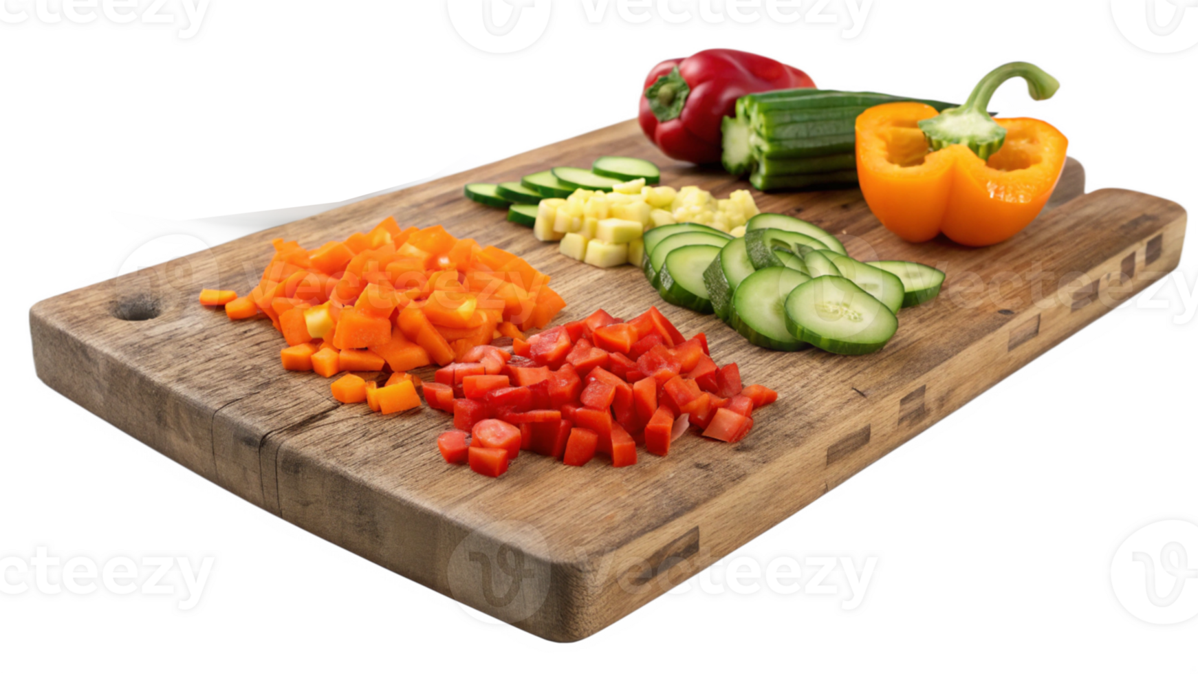 Chopped Vegetables on Rustic Wooden Cutting Board Peppers, Cucumbers, Carrots png