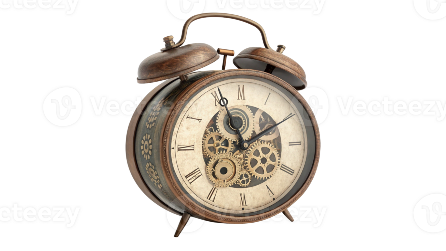 Vintage Alarm Clock Exposed Gears, Timepiece, Antique Design, Brown, Roman Numerals png