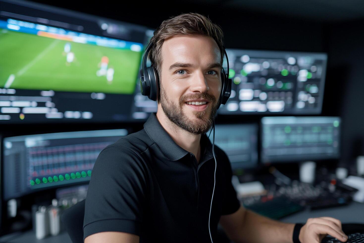 A focused individual in a control room, managing live sports coverage. photo