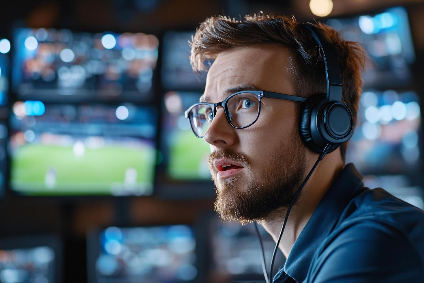 A focused individual wearing headphones in a tech environment. photo