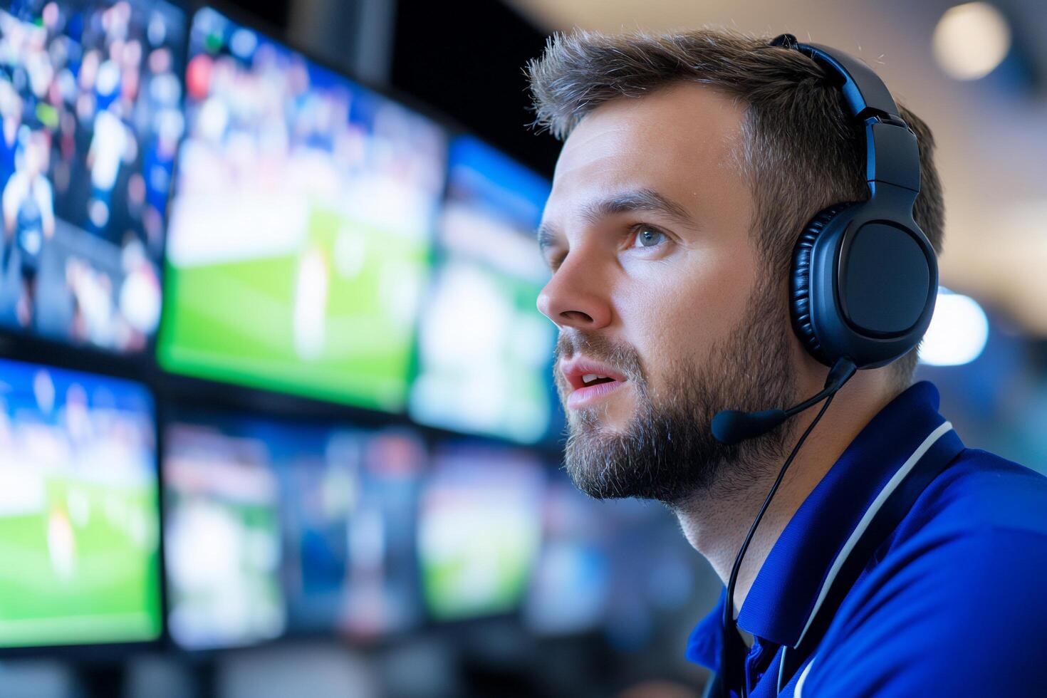 A focused individual monitors multiple screens in a control room. photo