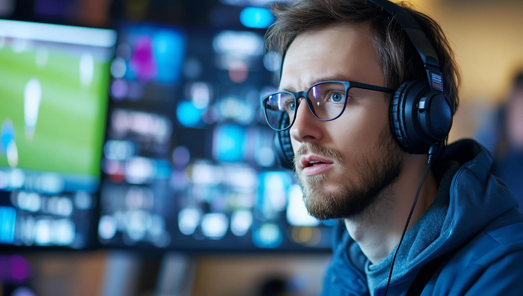 A focused individual wearing headphones, engaged with multiple screens. photo