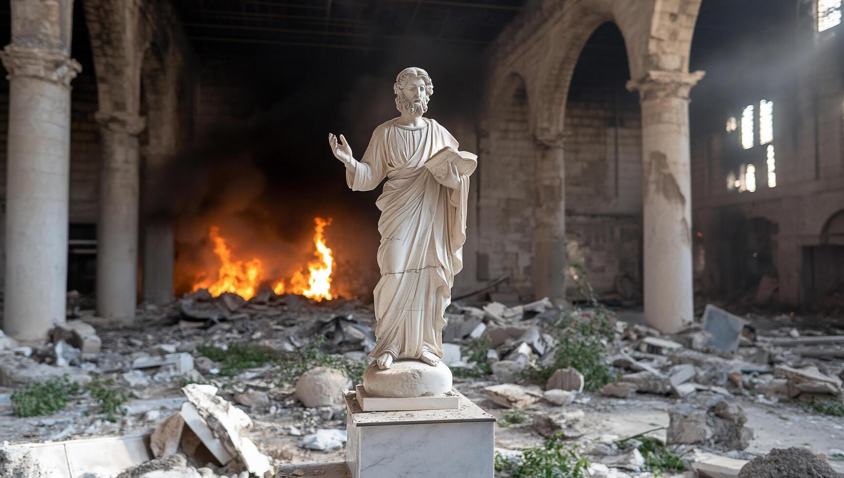 A statue stands amidst the ruins of a burned church, symbolizing loss. photo