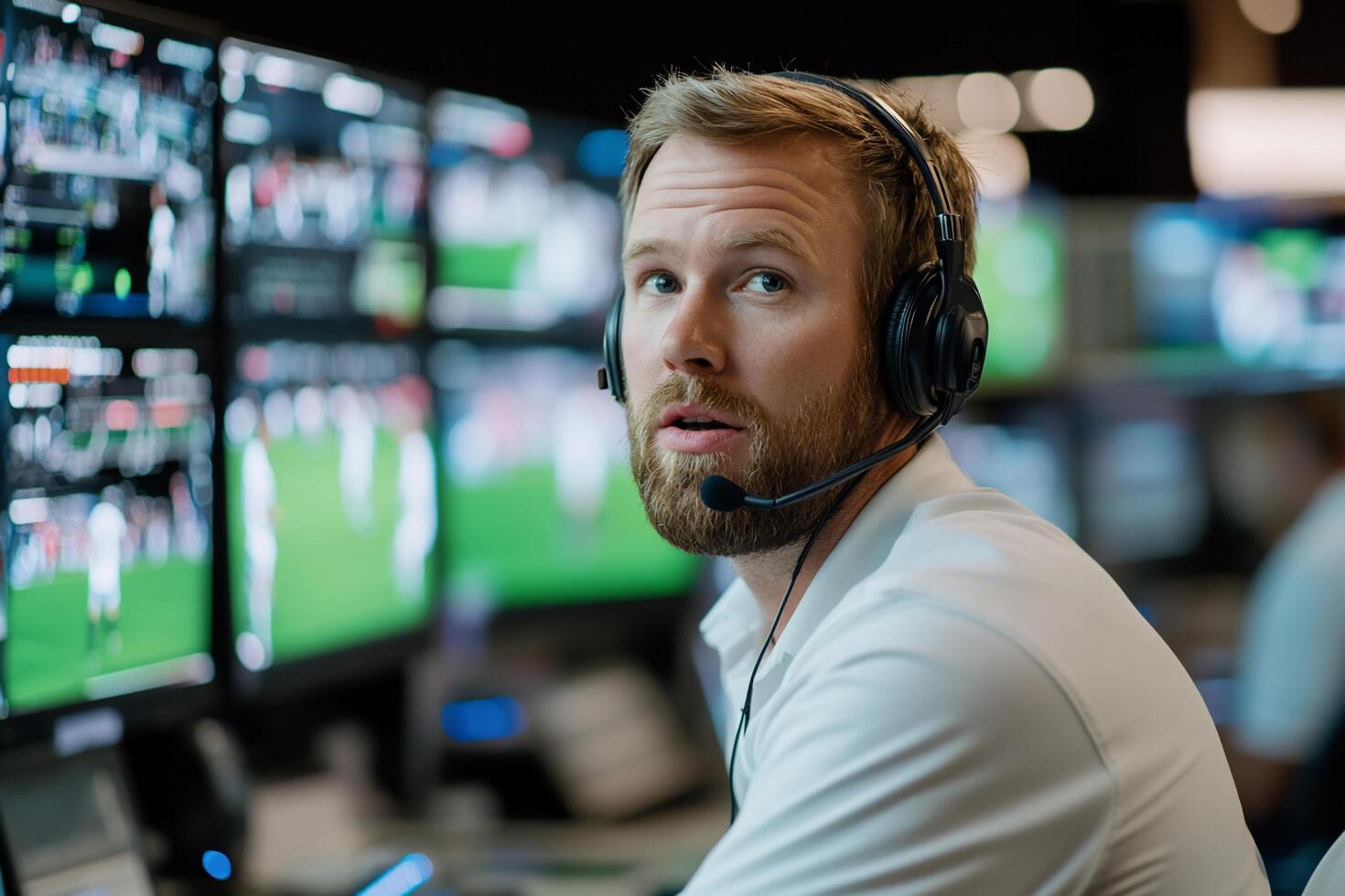 A focused technician monitors multiple screens in a control room. photo