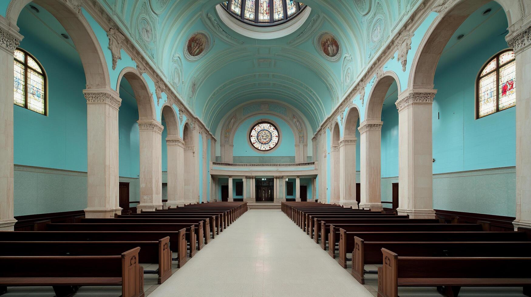 Interior view of a serene church with blue walls and wooden pews. photo