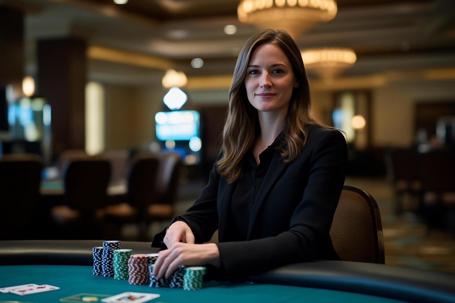 A professional woman at a poker table with chips and cards. photo