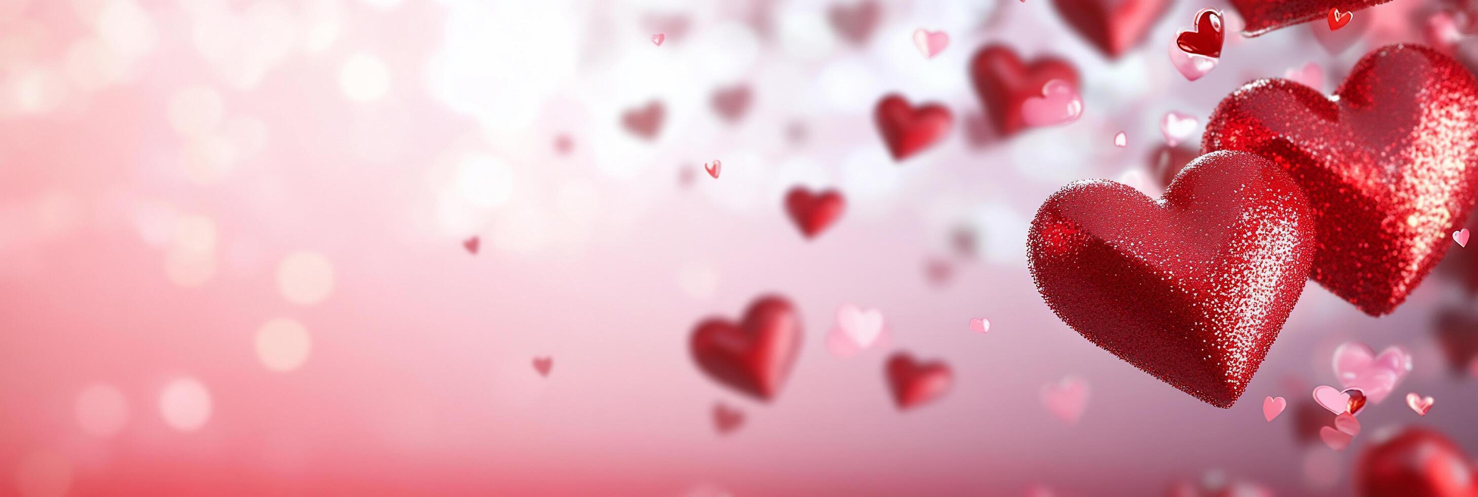 A festive scene with floating red hearts against a soft pink background. photo