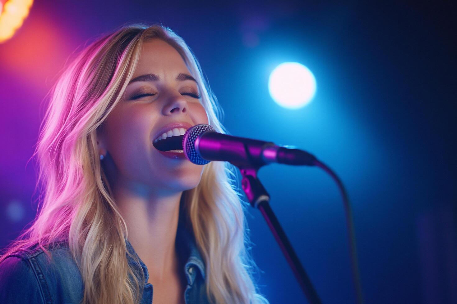 A woman passionately singing into a microphone on stage. photo