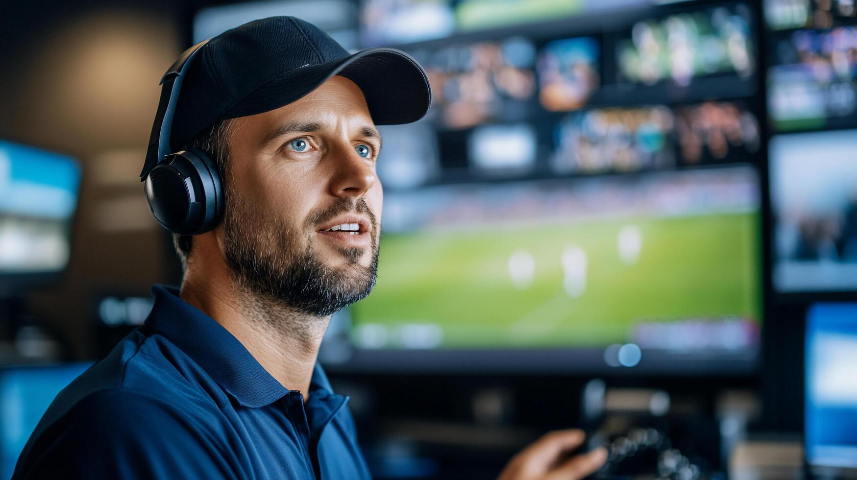Man wearing headphones, focused on gaming with multiple screens behind. photo