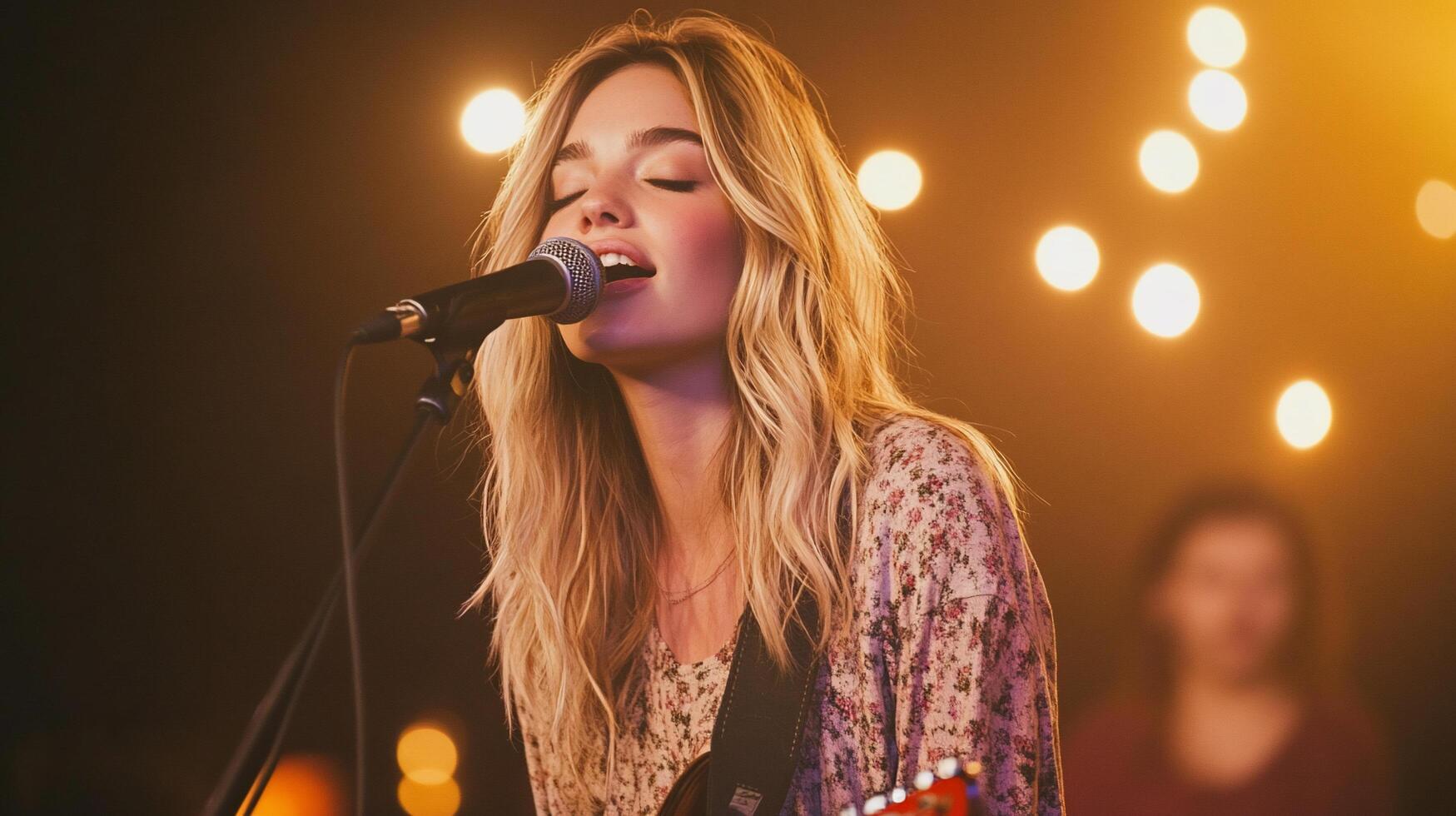 A woman sings passionately into a microphone on stage. photo
