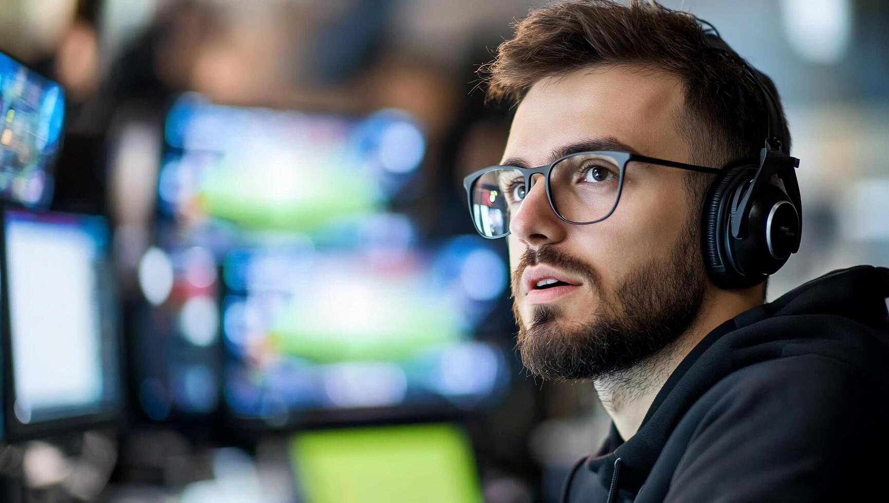 A focused individual wearing headphones in a tech-driven environment. photo