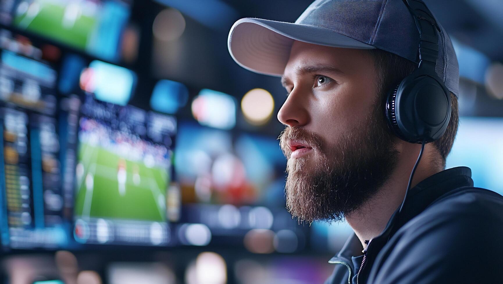 A focused individual monitors sports events on multiple screens. photo