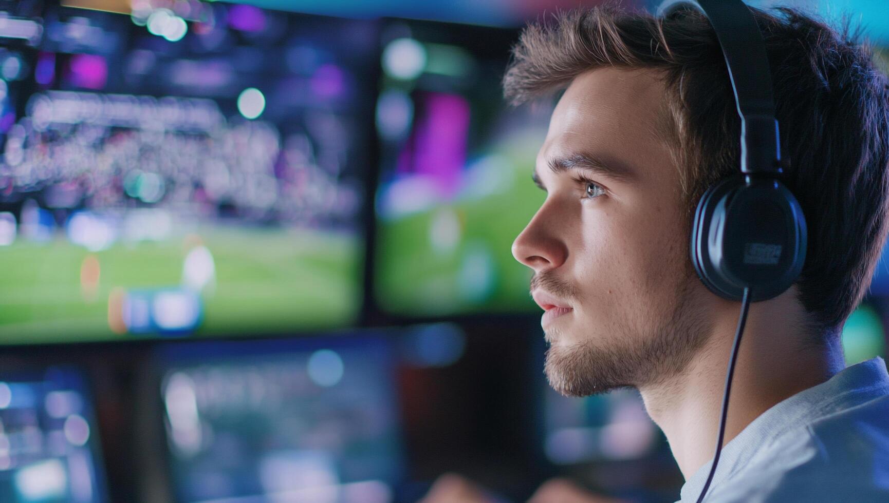 Young man gaming with headphones, focused on multiple screens. photo
