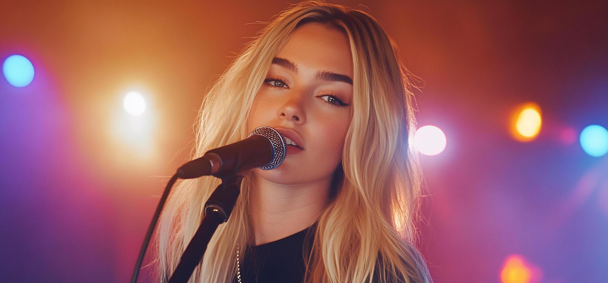 A young woman singing into a microphone on stage with colorful lights. photo