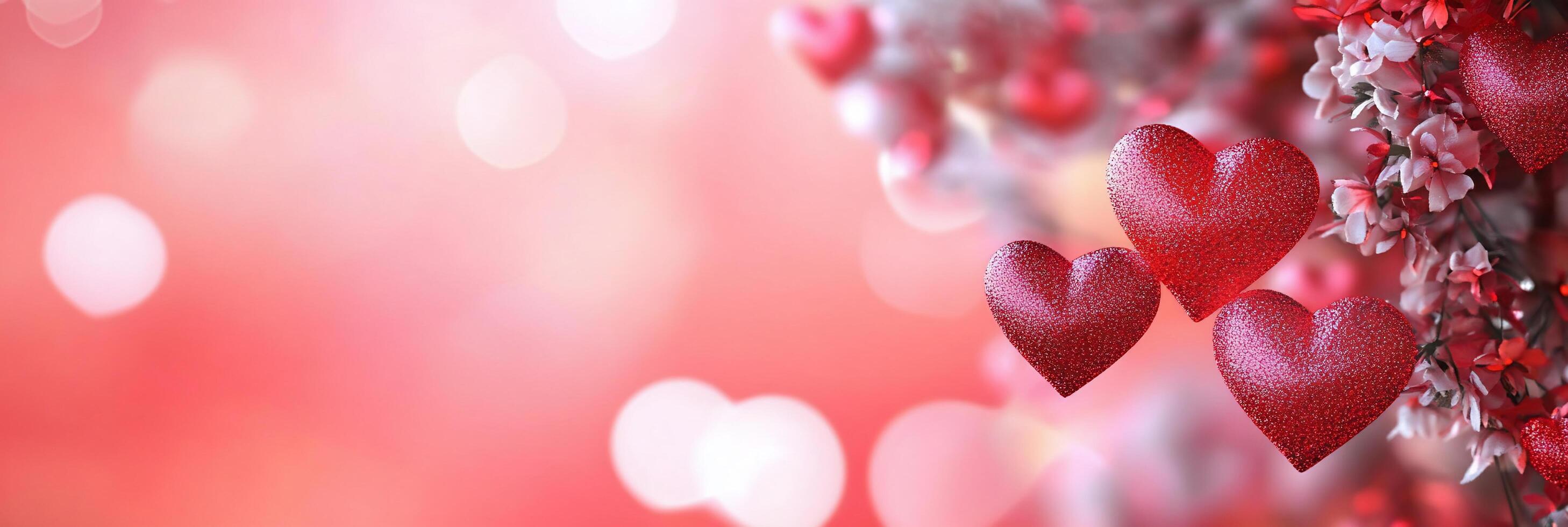 A romantic scene with red hearts and soft pink bokeh for love themes. photo