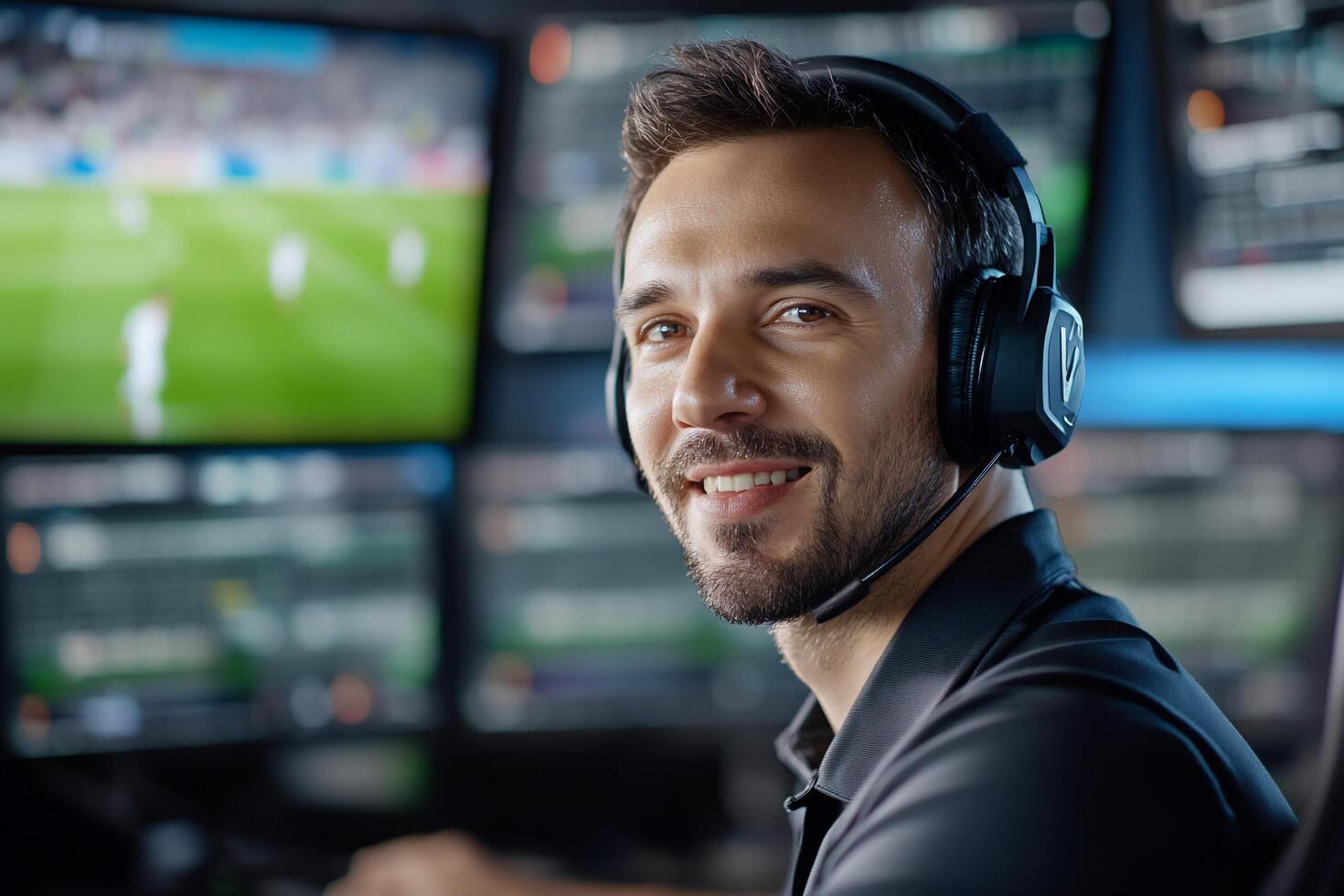 A man in a headset smiles while monitoring screens in a gaming setup. photo