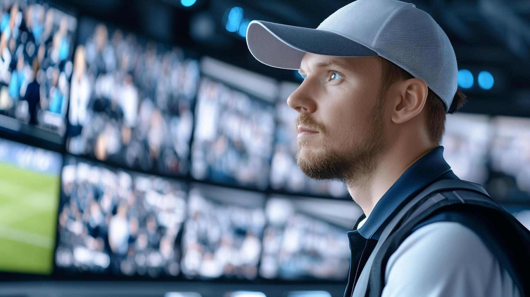 A focused individual monitoring multiple screens in a control room. photo