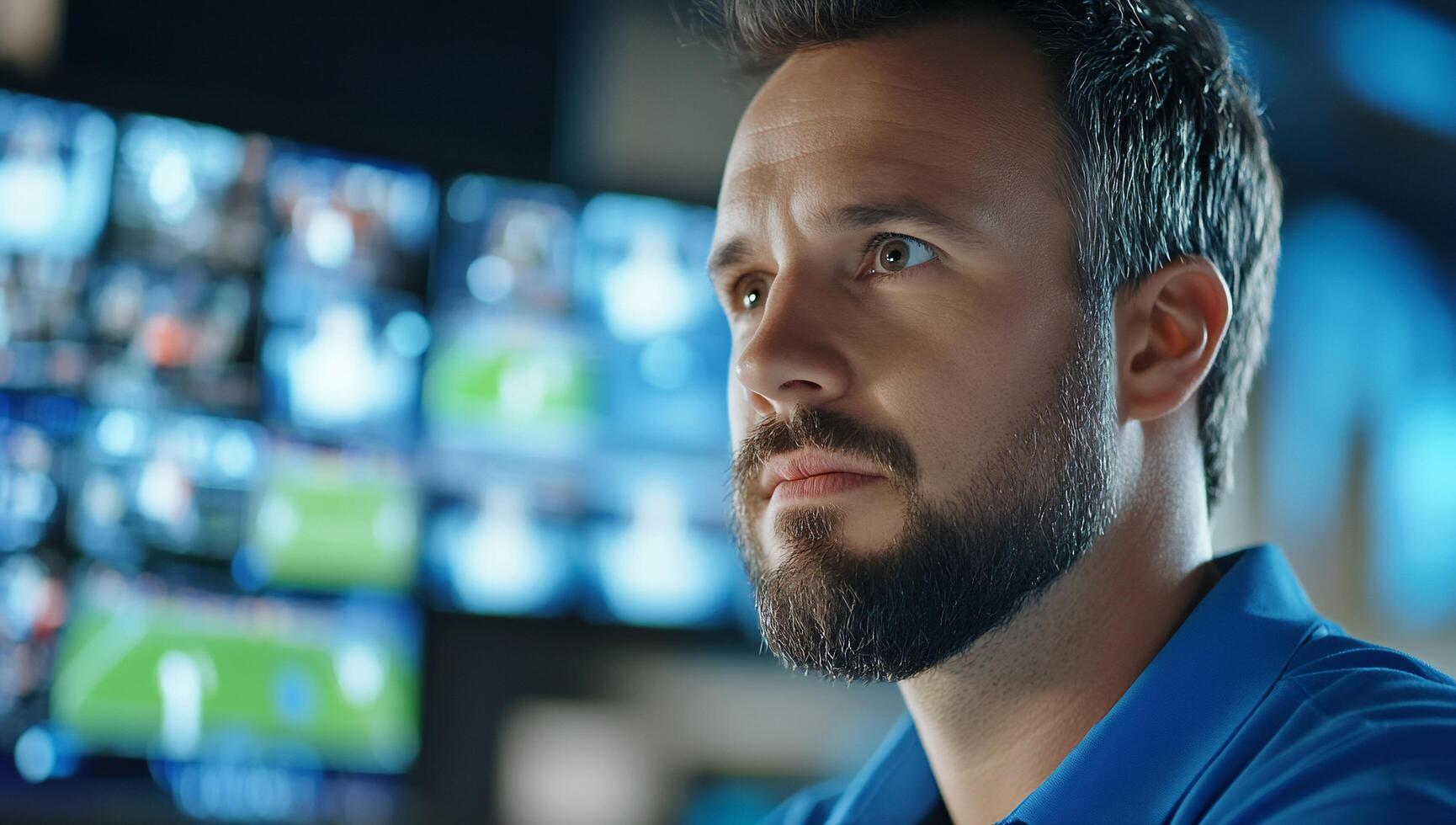 A focused man in a control room observing multiple screens. photo
