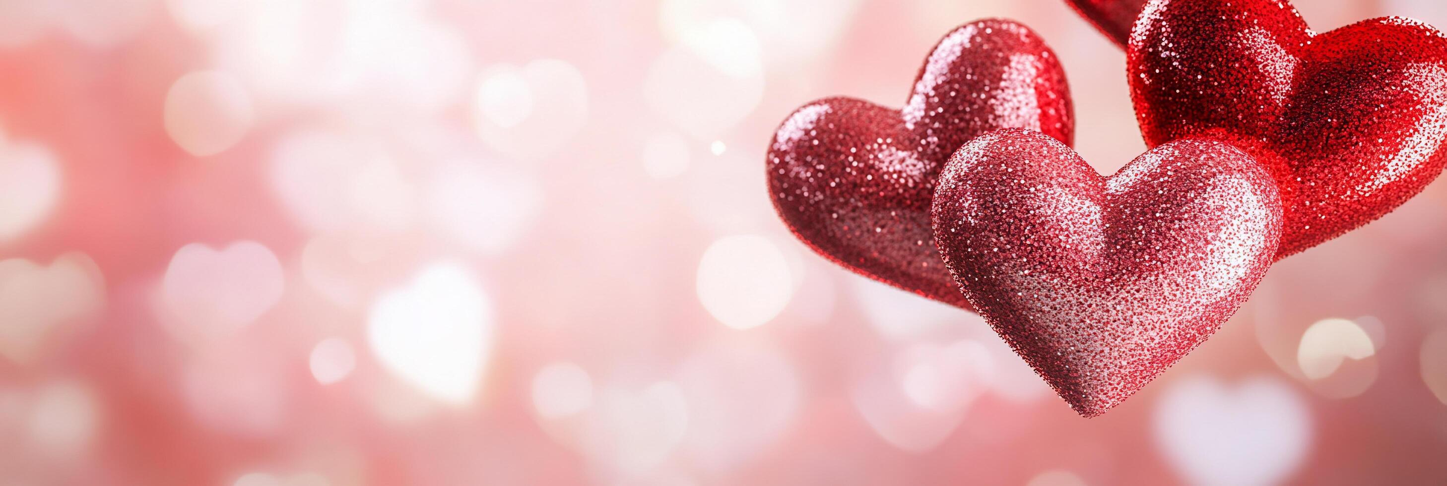A collection of sparkling red hearts against a soft pink background. photo