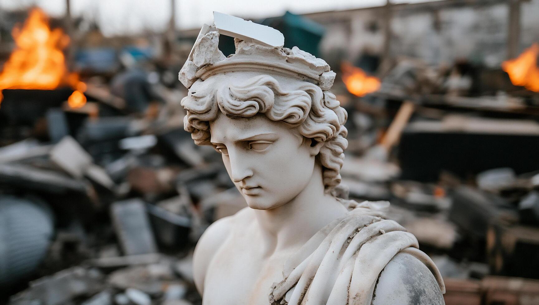 A damaged statue amidst debris and flames, symbolizing lost heritage. photo