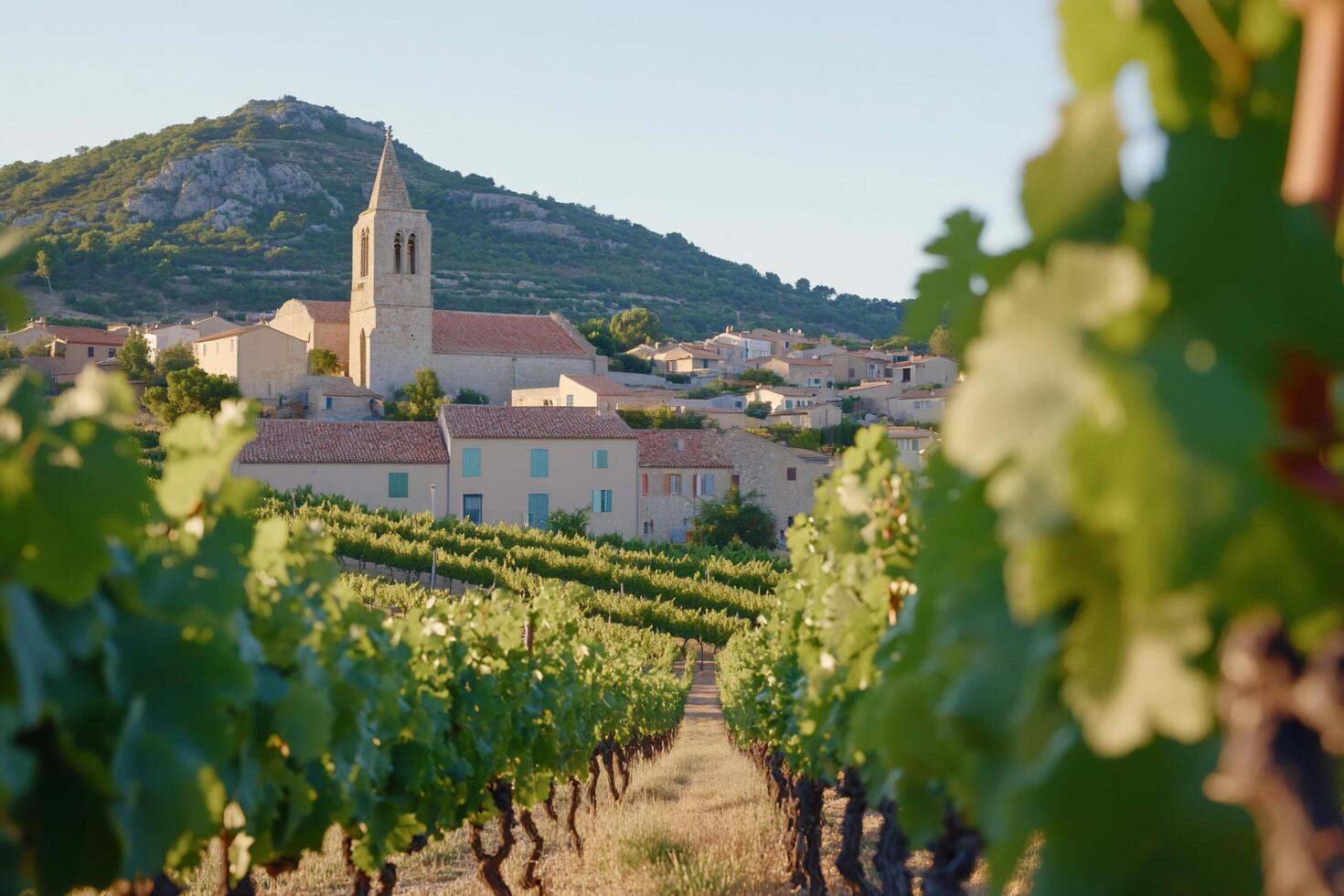 Scenic vineyard landscape with a church and hillside backdrop. photo