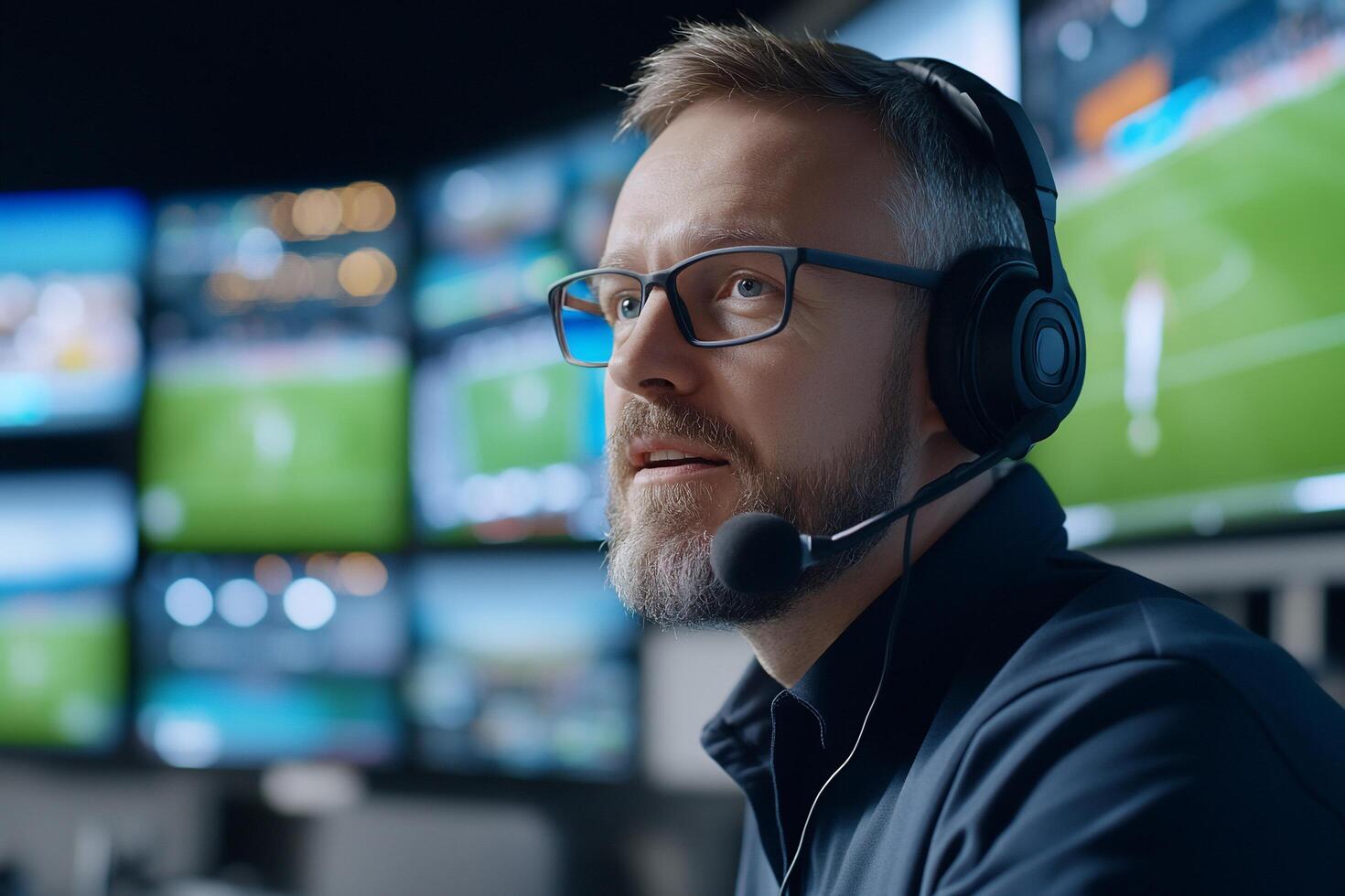 A focused individual in a headset monitors multiple screens in a control room. photo