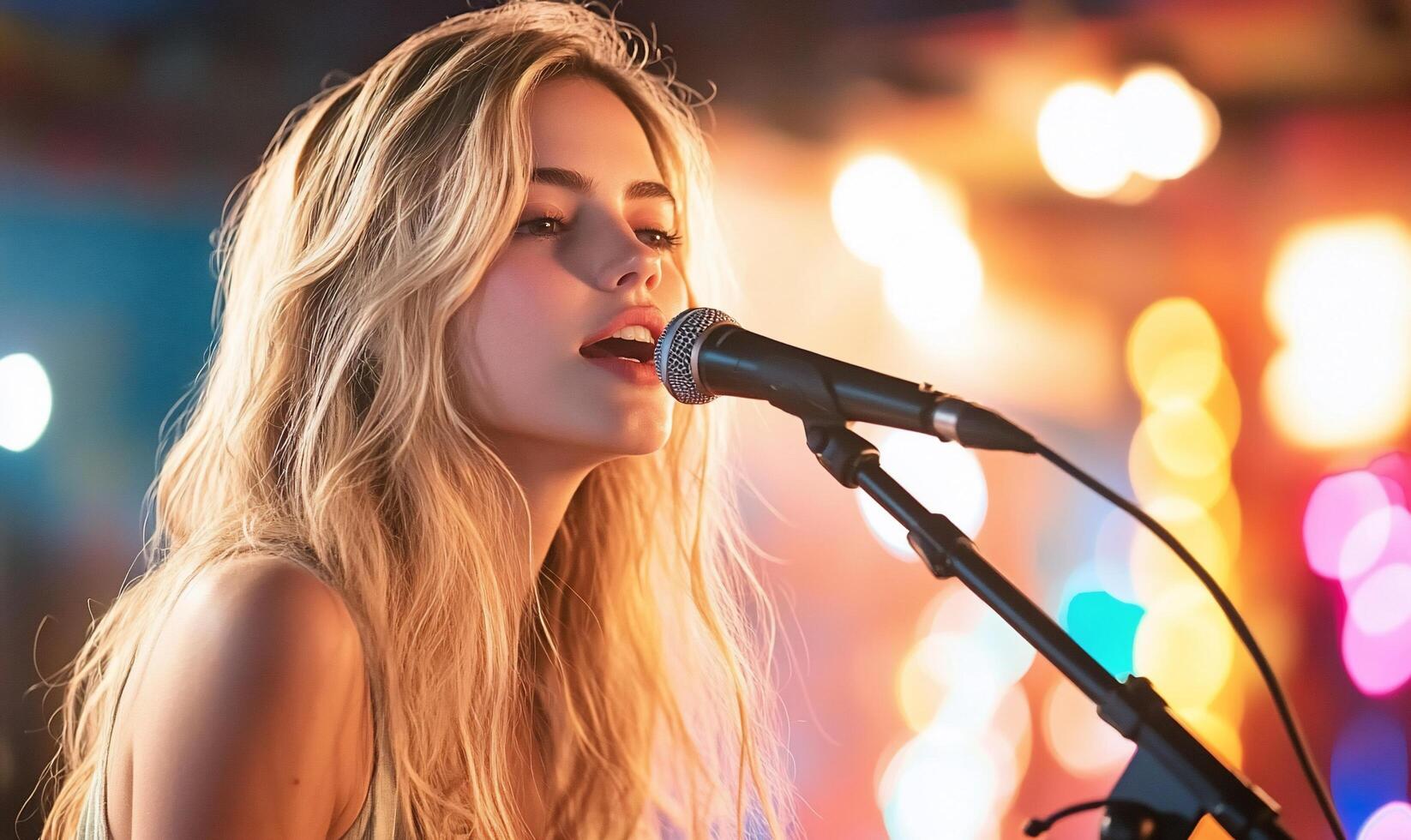A young woman singing into a microphone with colorful lights in the background. photo