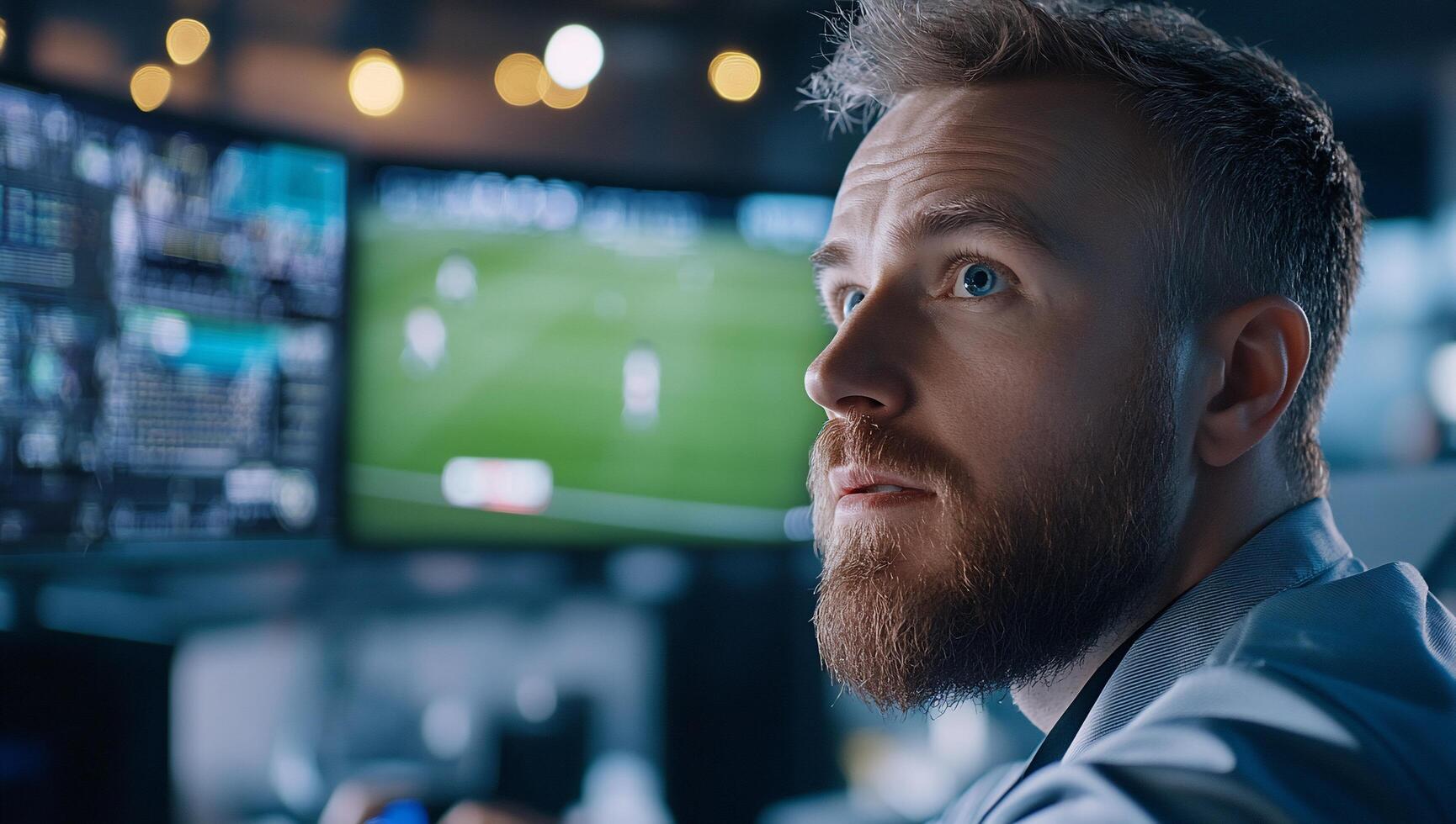 A focused individual monitors sports data on multiple screens. photo