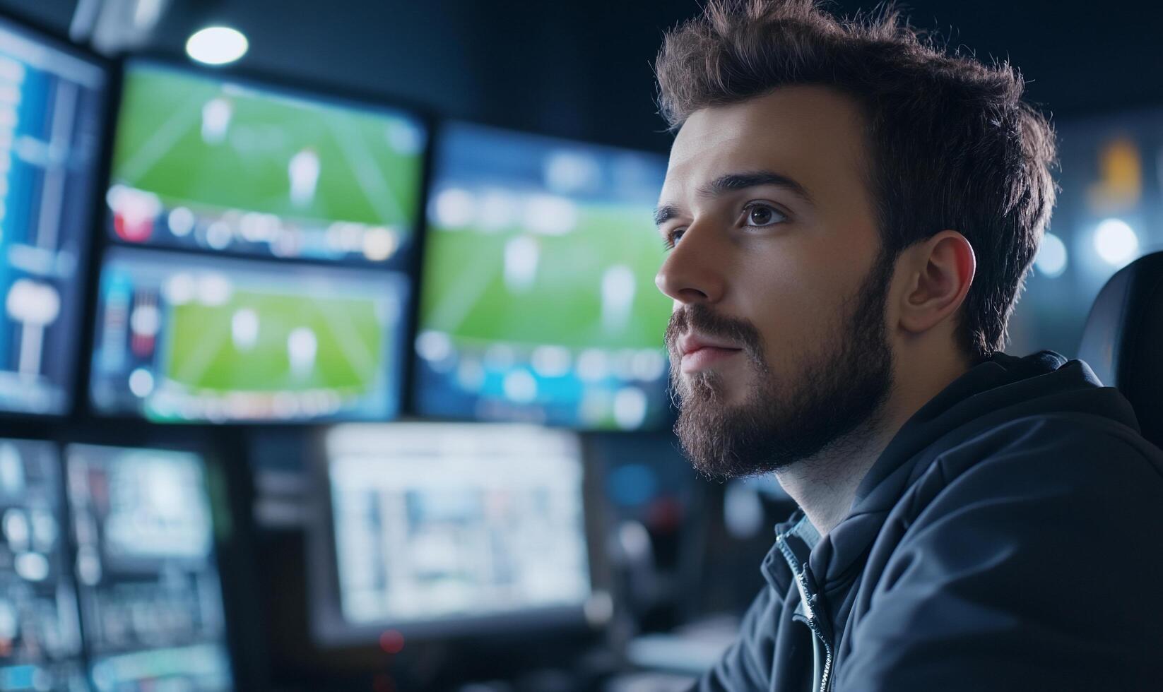A focused individual monitors multiple sports screens in a control room. photo