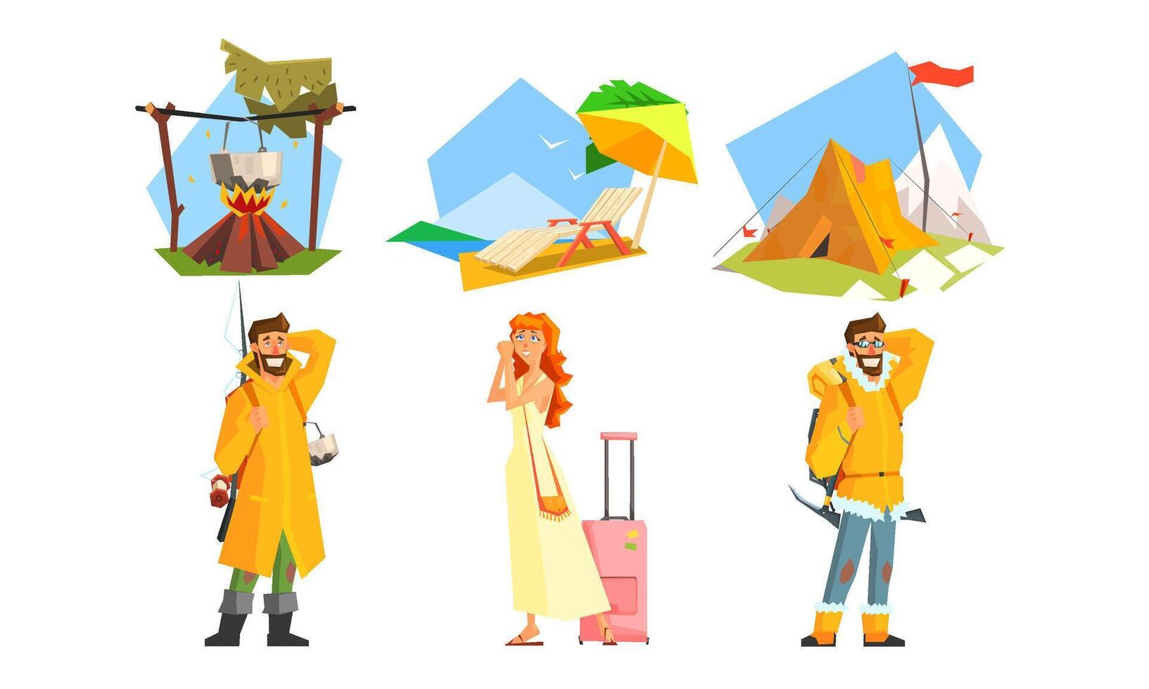 People Traveling Set, Active Travel, Man Hiking with Backpacks, Camping, Fishing, Girl Going on Summer Vacation with Suitcase Illustration vector