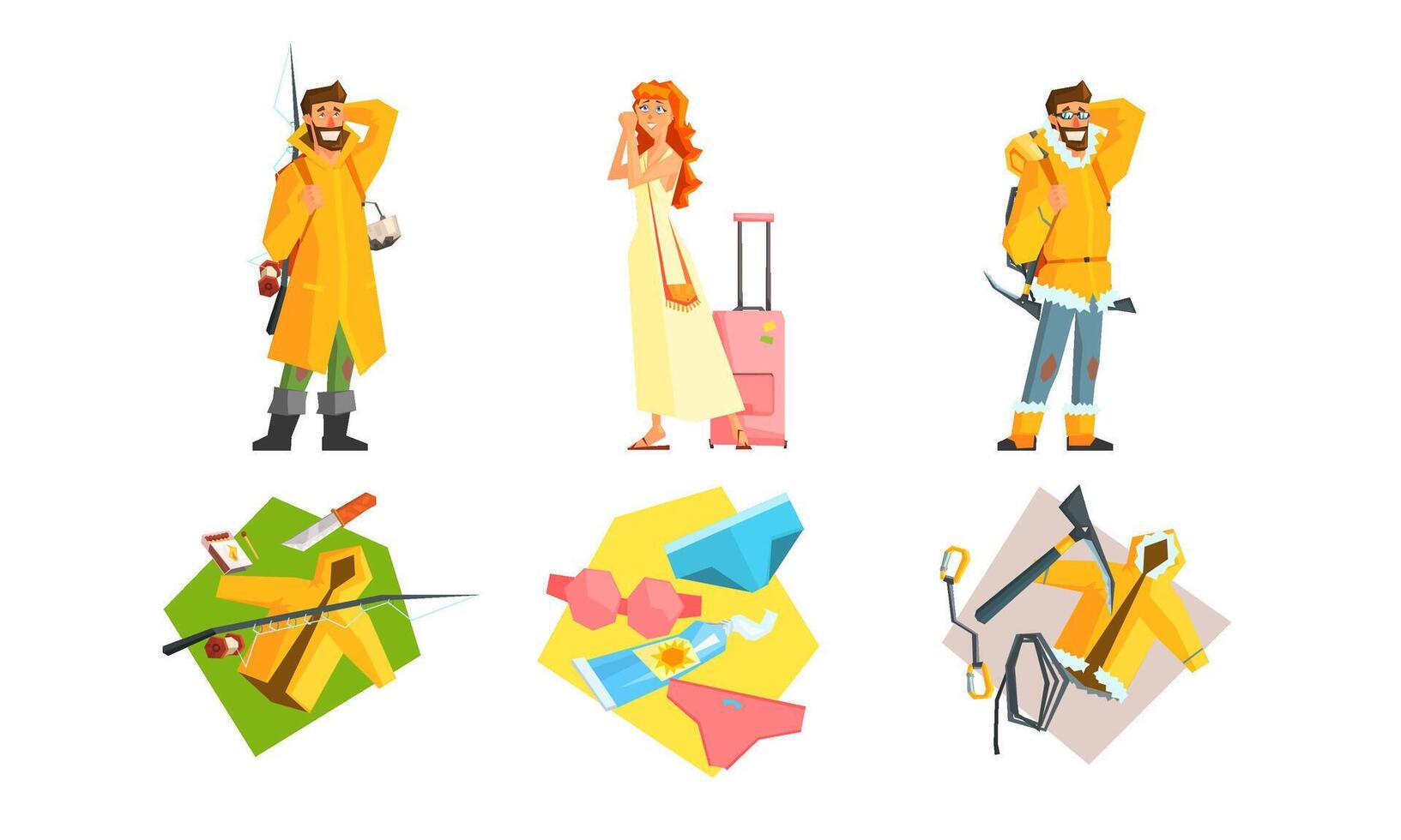 People Traveling Set, Active Travel, Man Hiking with Backpacks, Camping, Fishing, Girl Going on Summer Vacation with Suitcase, Touristic Accessories and Equipment Illustration vector