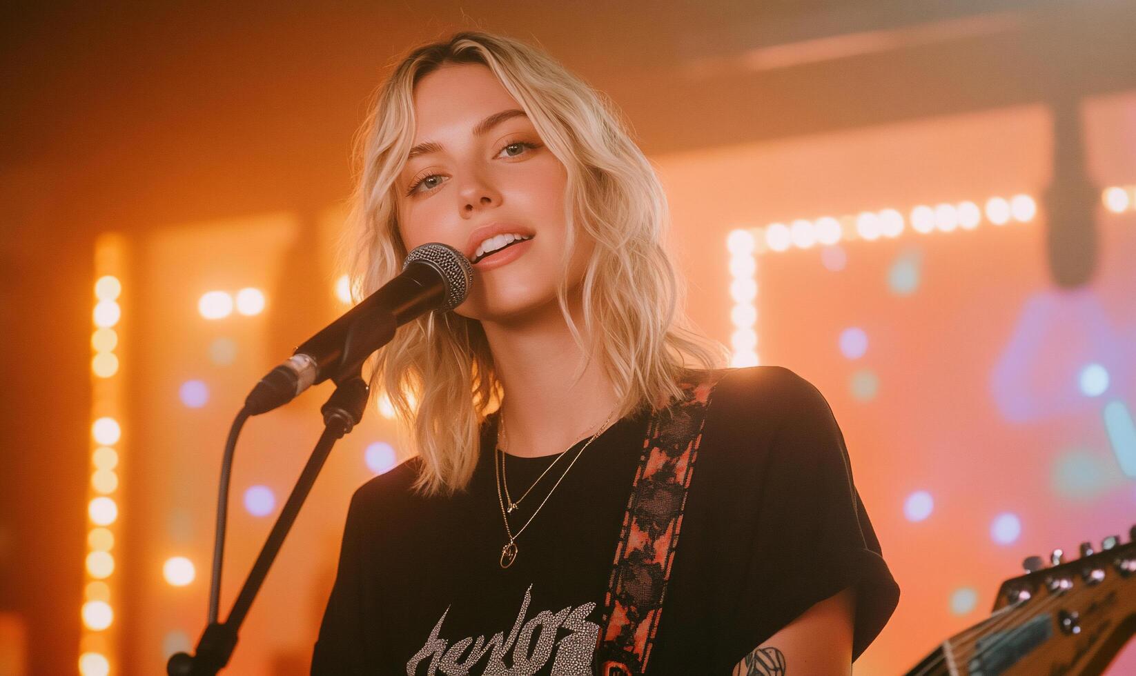 A musician performing on stage with a microphone and guitar. photo