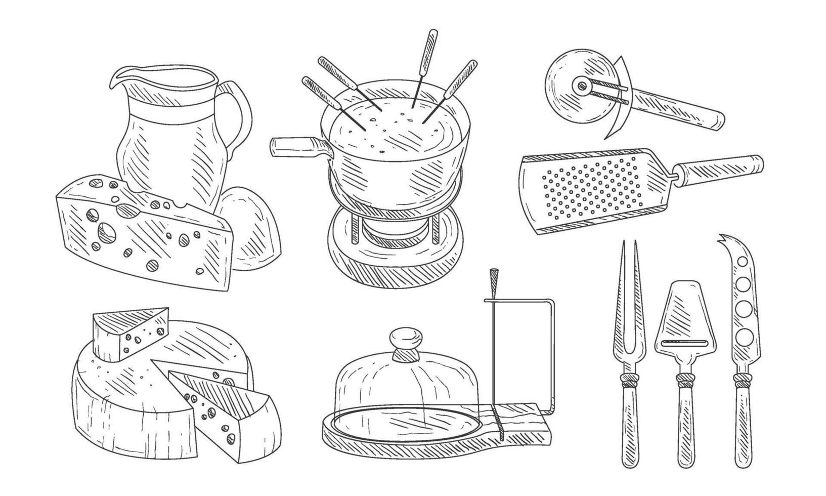 Tools for Chopping and Cutting of Cheese, Steel Knives Set, Cheese Fondue French Dish Illustration vector