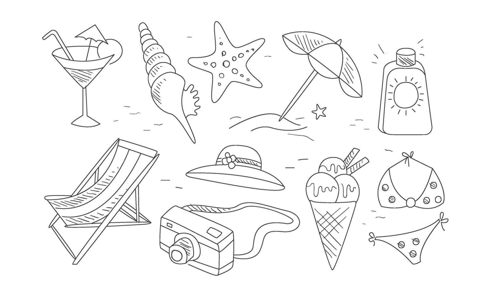 Travel and Vacation Hand Drawn Symbols Set, Summer Holidays and Beach Rest Accessories Illustration vector