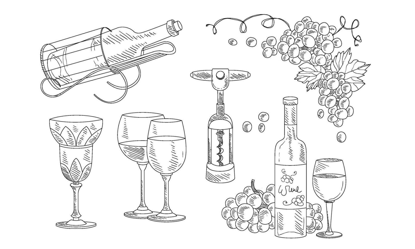 Wine Set, Hand Drawn Wine Objects, Bottle, Corkscrew, Glass, Grapes Illustration vector