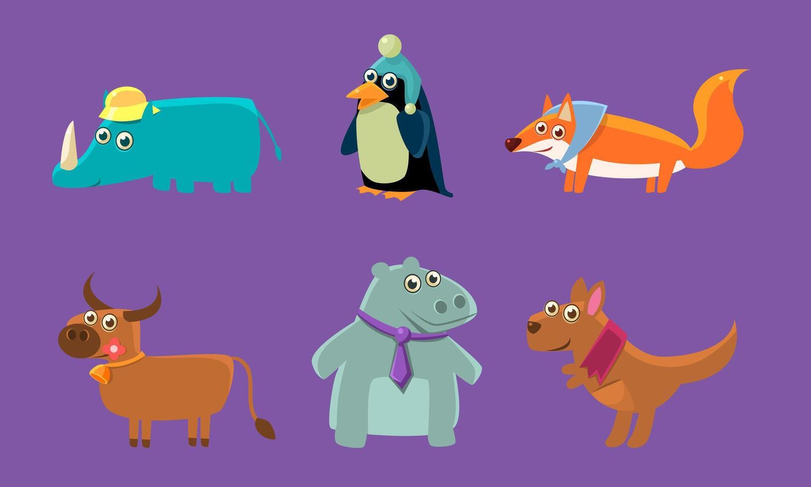 Cute Animals Set, Rhino, Penguin, Fox, Deer, Hippo, Kangaroo Illustration vector