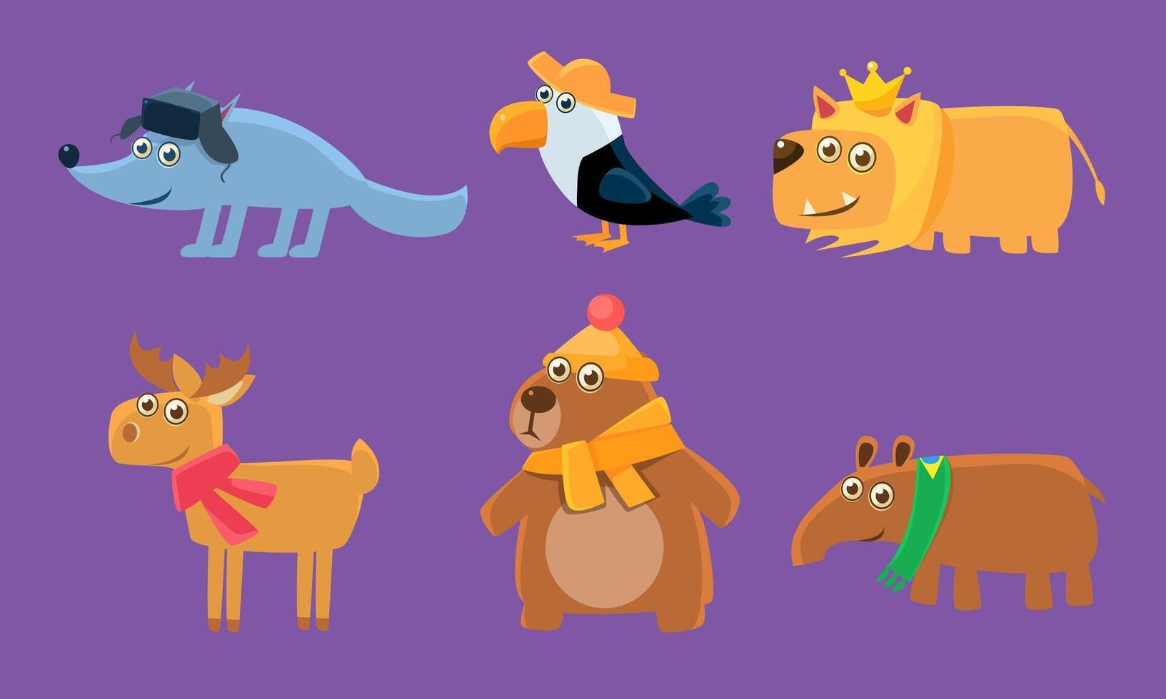 Cute Animals Set, Deer, Toucan, Wolf, Lion, Deer, Capybara, Bear Illustration vector