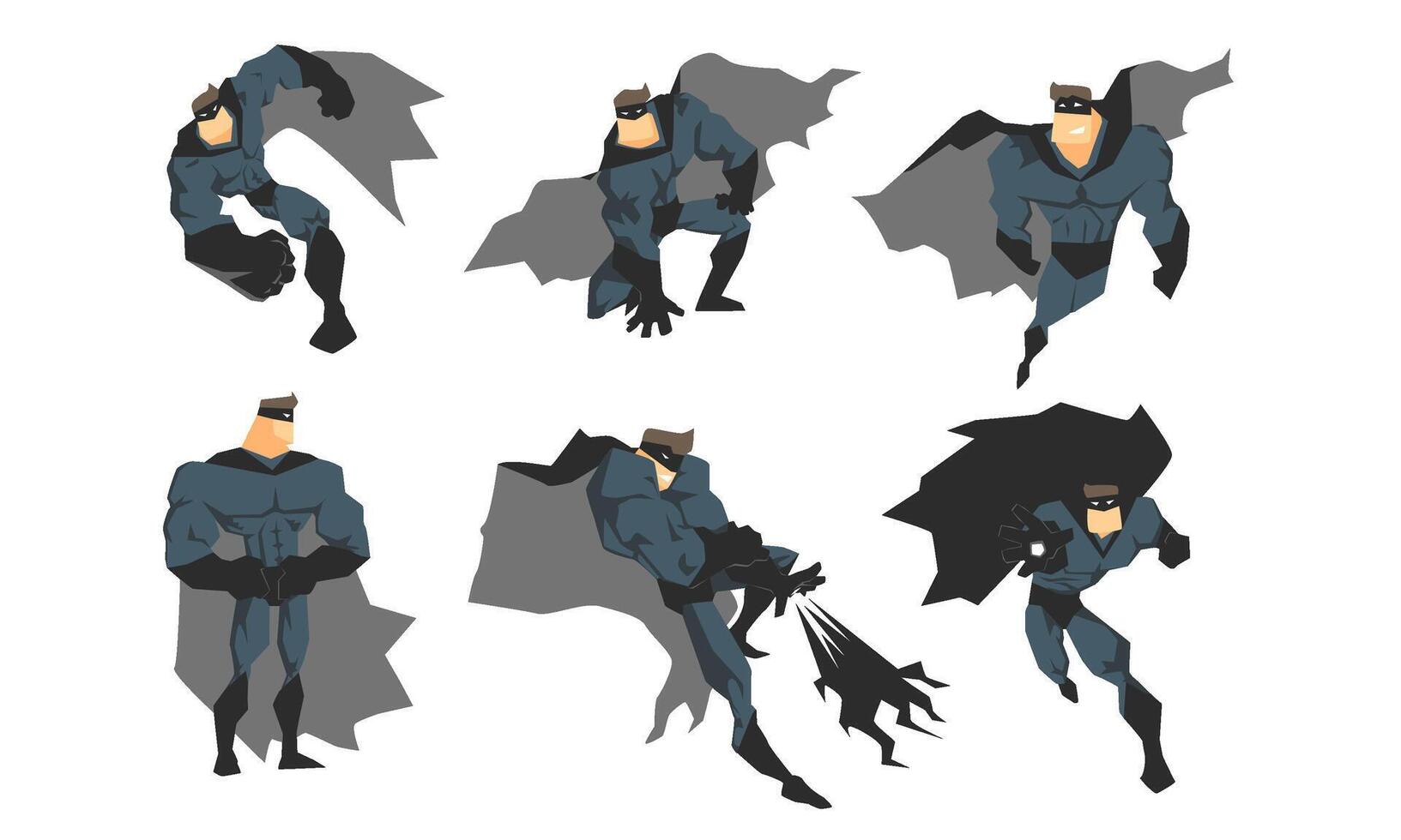 Male Superhero in Different Action Poses Set, Courageous Superhero Character in Gray Costume, Waving Cloaks and Black Mask Illustration vector