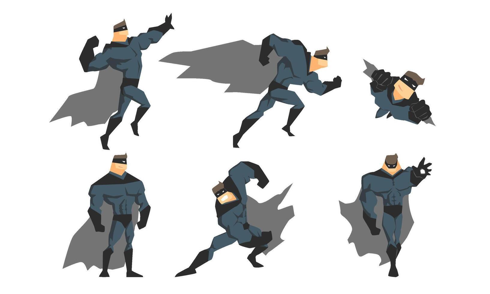 Superhero in Different Action Poses Set, Courageous Superhero Character in Gray Costume, Waving Cloaks and Black Mask Illustration vector