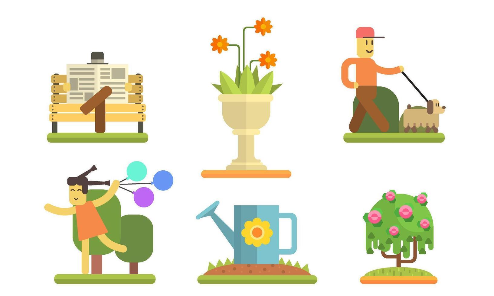 Park and Garden Elements Set, Man Walking with Dog, Girl Running with Colorful Balloons, Man Sitting on Bench and Reading Newspaper Illustration vector