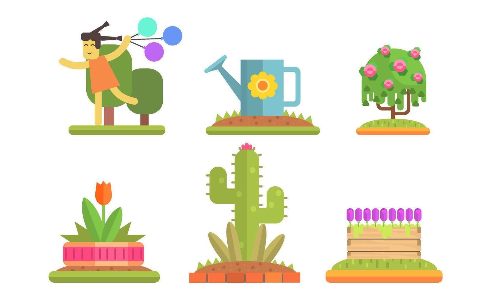 Park and Garden Floral Elements Set, Flowerbeds with Plants and Flowers, Girl Running with Colorful Balloons Illustration vector