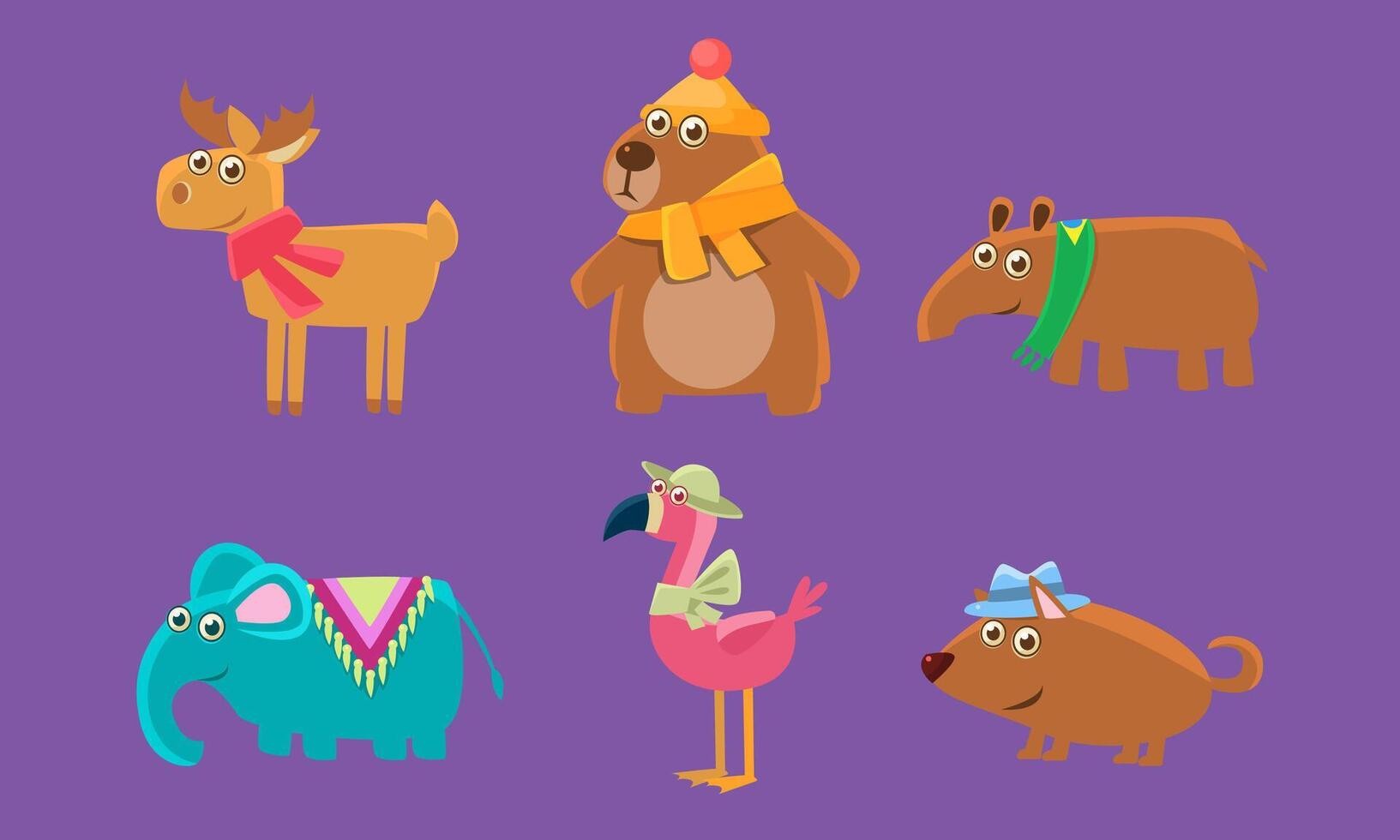 Cute Animals Set, Capybara, Bear, Elephant, Flamingo, Wild Boar Illustration vector