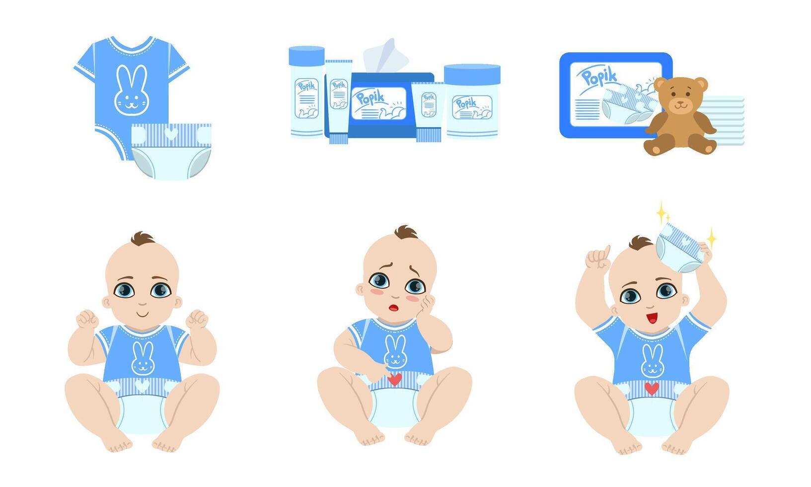 Cute Baby Daily Routine Set, Cosmetics and Clothing for Newborn Care Illustration vector