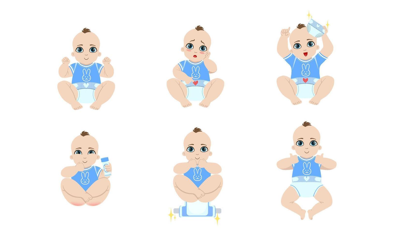 Cute Baby Daily Routine Set, Adorable Little Baby in Diaper with Different Emotions and Various Poses, Newborn Care Illustration vector