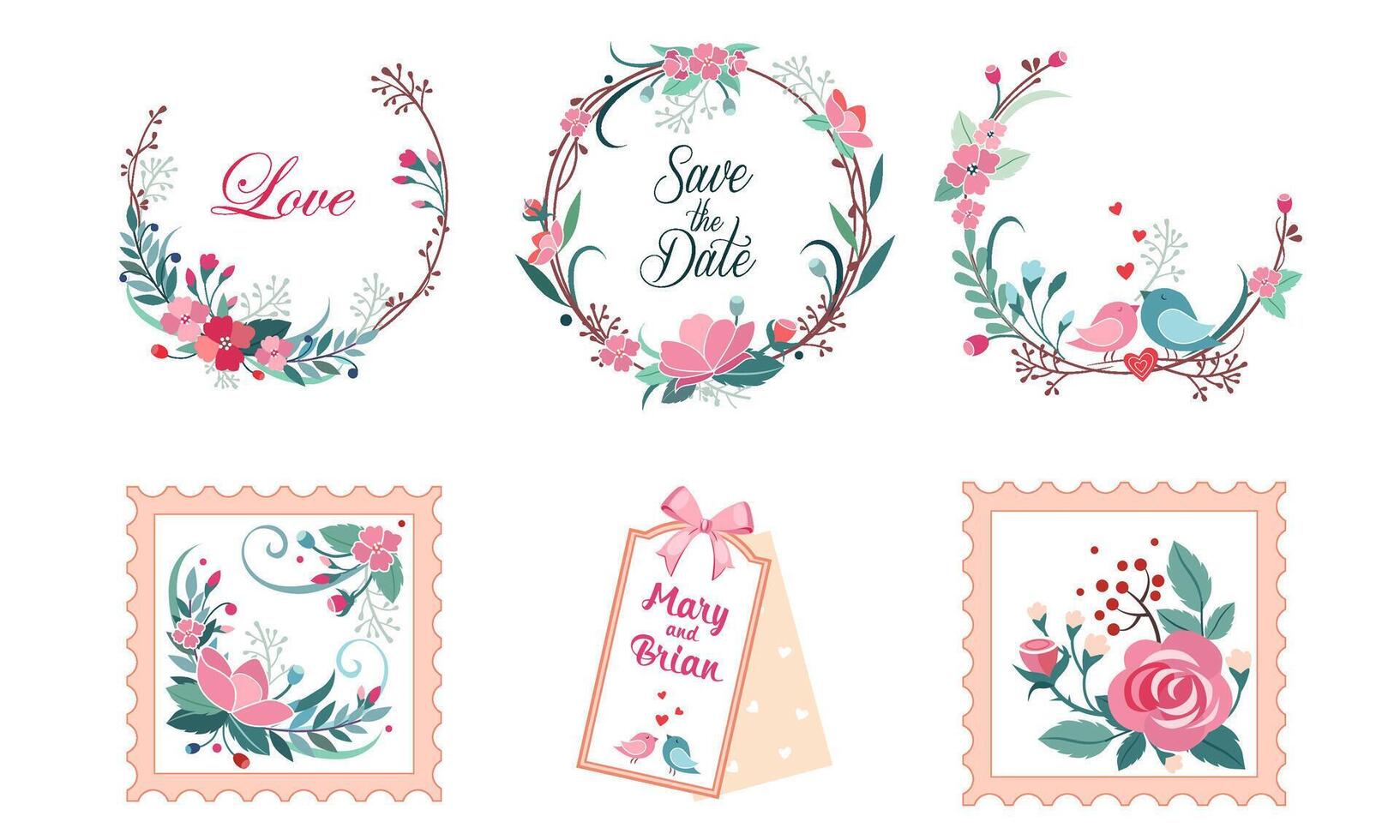 Floral Frame Collection, Wedding Invitation, Save the Date Card, Wreath with Blooming Flowers and Love Birds Illustration vector