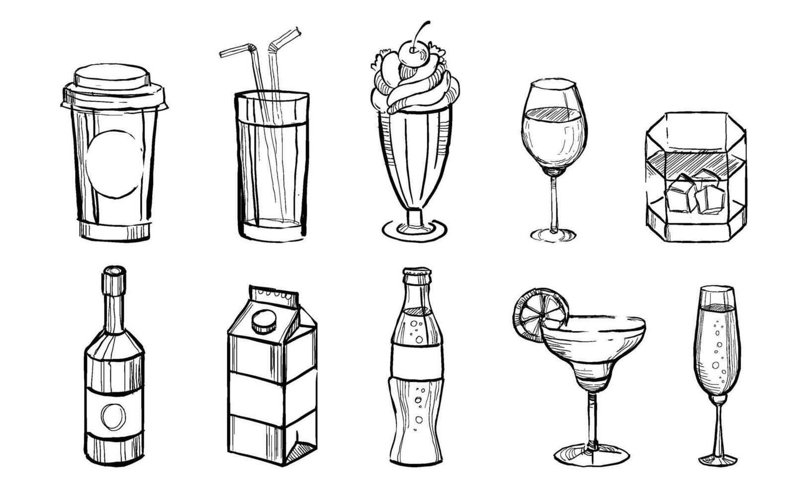 Hand Drawn Drinks Set, Alcoholic and Non Alcoholic Beverages, Coffee, Juice, Cocktails, Soda, Milk Monocrome Illustration vector