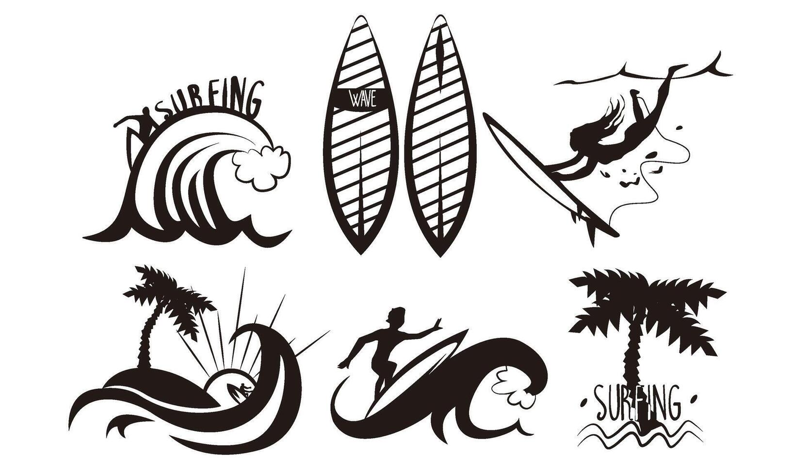 Surfers Silhouettes Set, Young Man and Woman Riding Waves with Surfboards, Summer Extreme Water Sport Elements Illustration vector