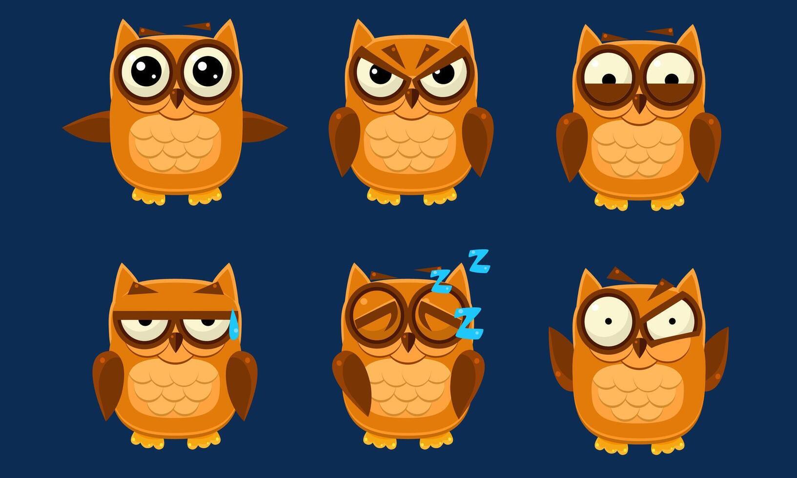 Funny Owls Characters Set, Cute Brown Birds with Various Emotions Illustration vector