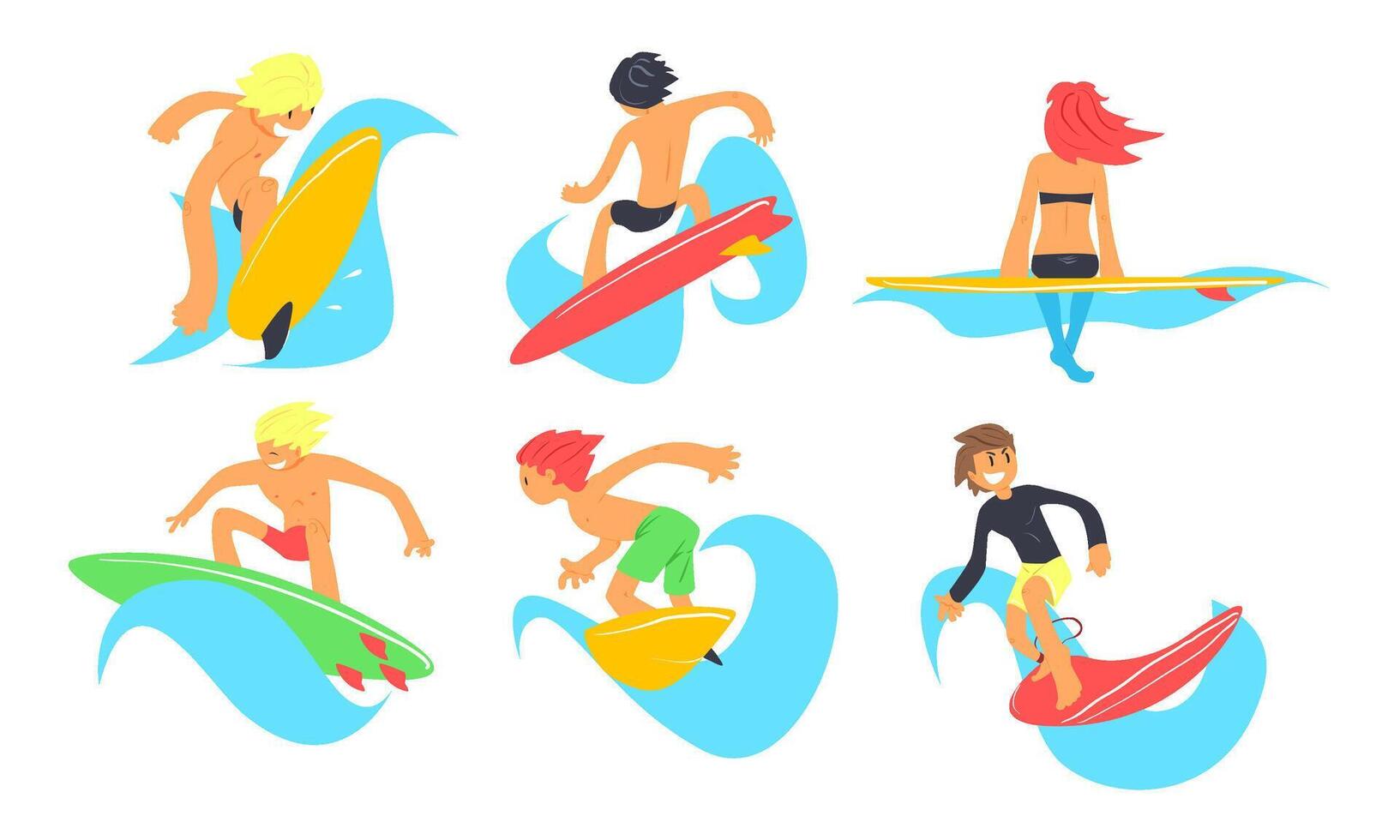 Surfers Characters Riding Waves Set, Young Man and Woman with Surfboards, Summer Extreme Water Sport Illustration vector